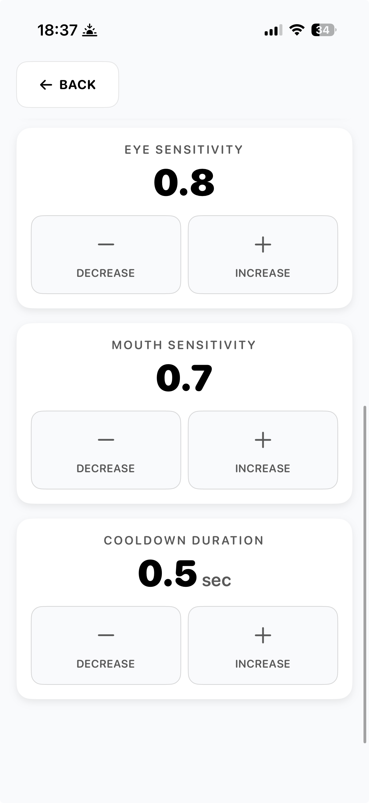 Sensitivity settings screen showing <strong>eye sensitivity, mouth sensitivity, and cooldown duration</strong> controls