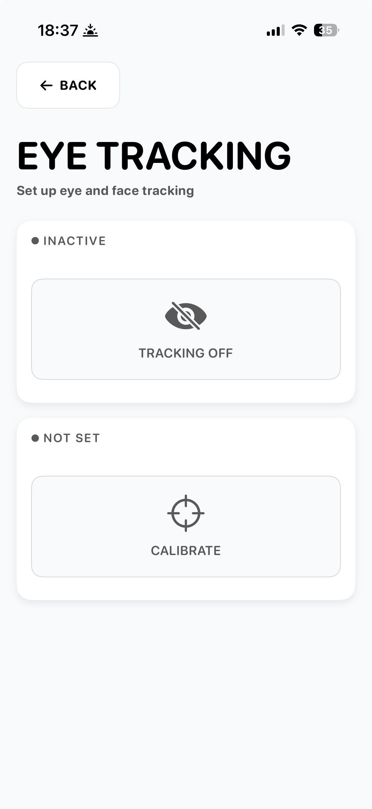 Eye tracking settings screen showing inactive state with Tracking Off button and Calibrate option