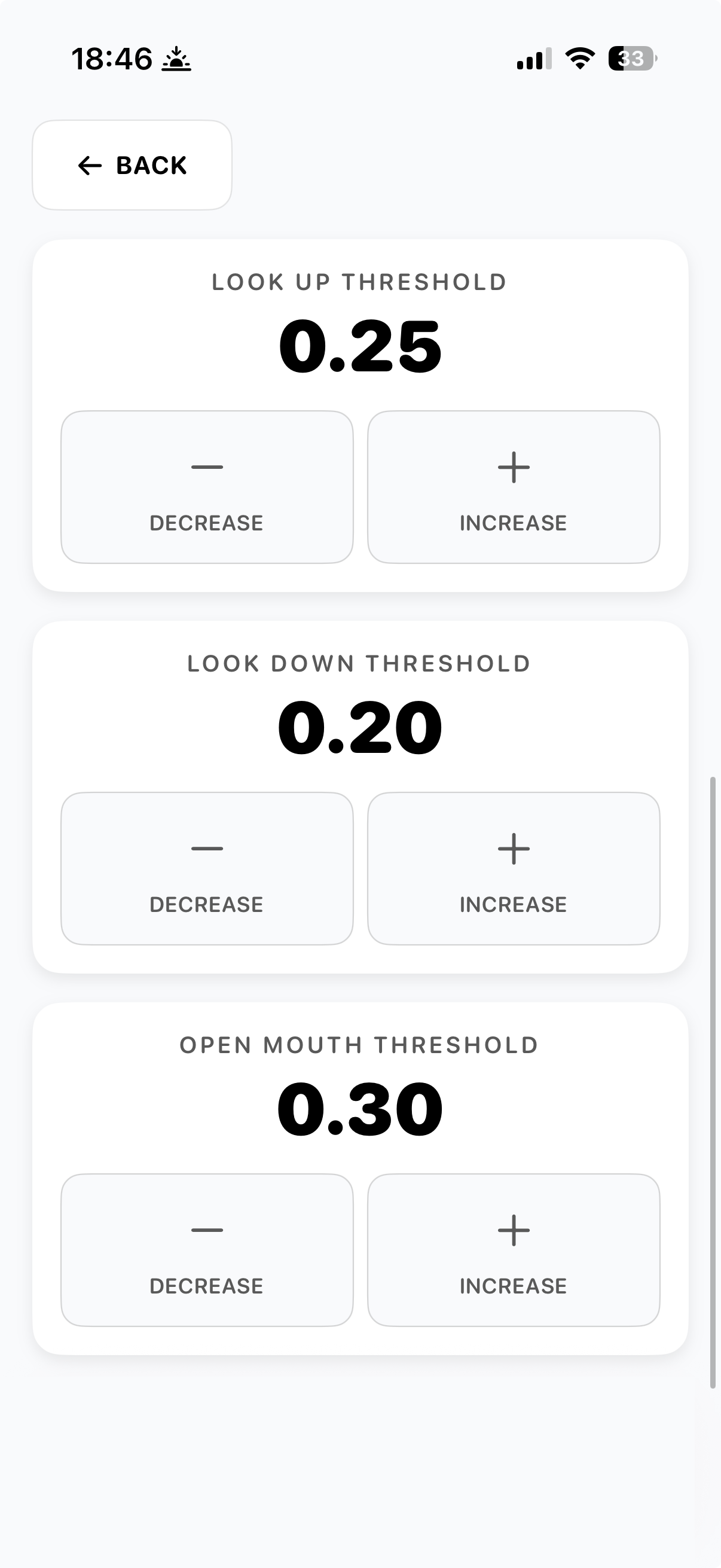 Manual calibration screen showing Look Up, Look Down, and Open Mouth thresholds