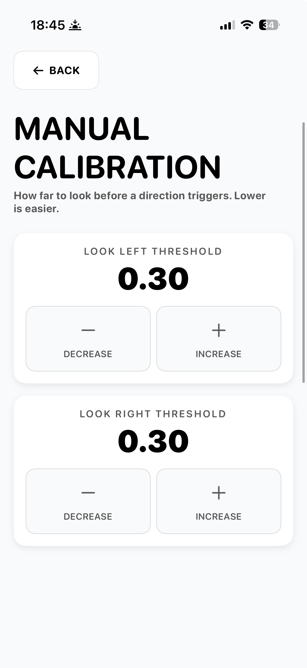 Manual calibration screen showing Look Left and Look Right thresholds