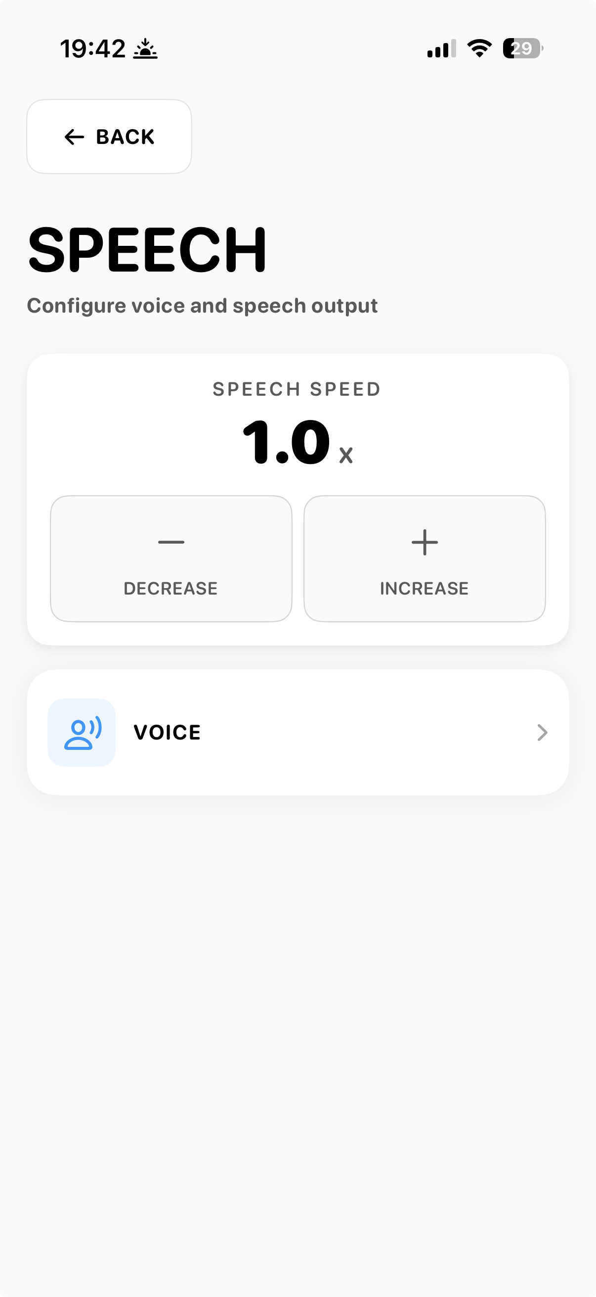 Speech settings screen showing speech speed and voice link
