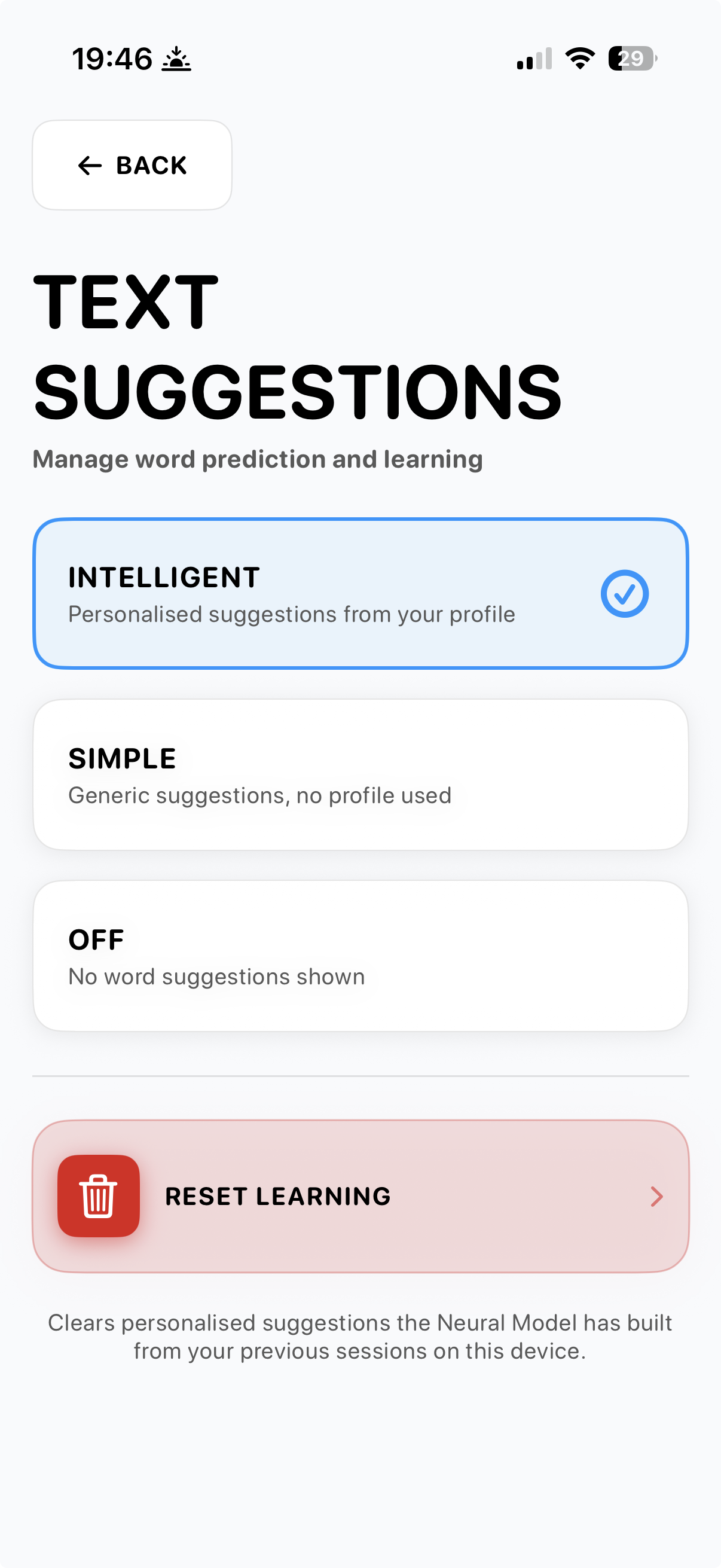 Text Suggestions screen showing Intelligent, Simple, Off modes and a Reset Learning option