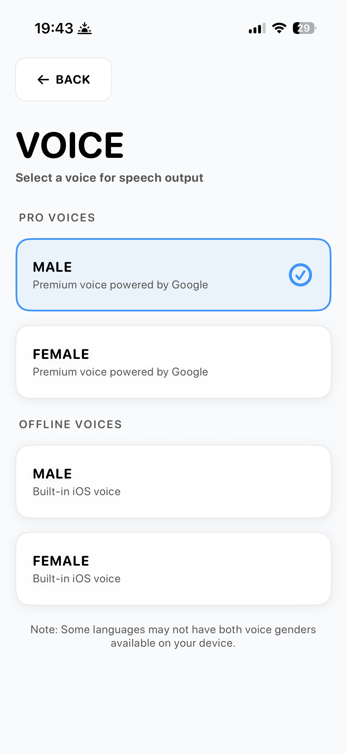 Voice selection screen showing Pro Voices (Google premium) and Offline Voices (built-in iOS)